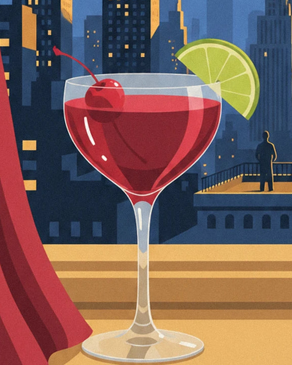 Ein roter Cocktail mit Kirsche, einer Limettenscheibe und einem roten Vorhang auf der Terrasse