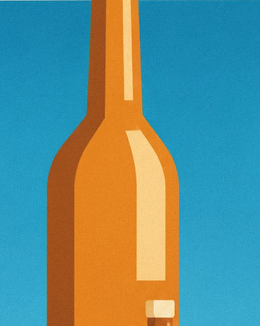 An orange bottle with cream highlights, standing out against a turquoise-blue background