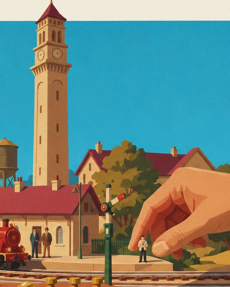 Poster Modelleisenbahn mit Miniaturbahnhof: Detail in Nahaufnahme
