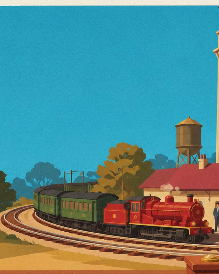 Poster Modelleisenbahn mit Miniaturbahnhof: Detail in Nahaufnahme