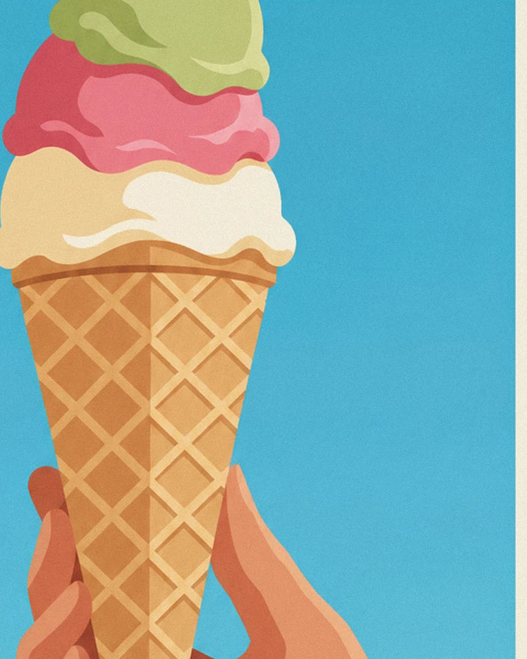 3-scoop ice cream cone by the sea poster: close-up detail