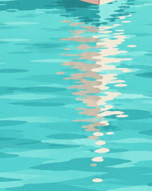 Die cremefarbene und rosa Spiegelung des Segelboots im sanft gekräuselten türkisfarbenen Wasser