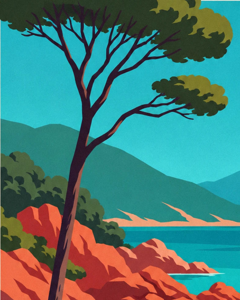 The umbrella pine leaning over red rocks, facing the mountains and turquoise sea