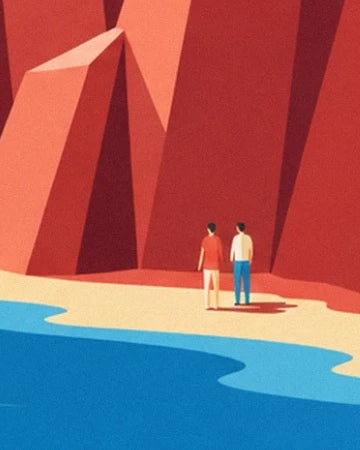 The 2 figures on the golden beach at the foot of the tall red cliffs of l’Estérel
