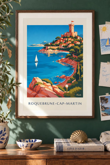 Poster of the bay and perched village of Roquebrune-Cap-Martin: framed on the wall