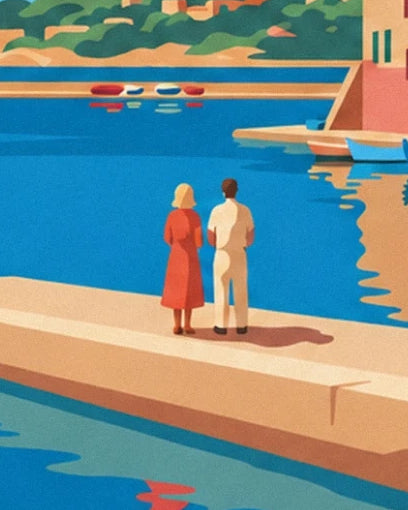 A couple seen from behind on the sunlit quay, facing the blue harbour water