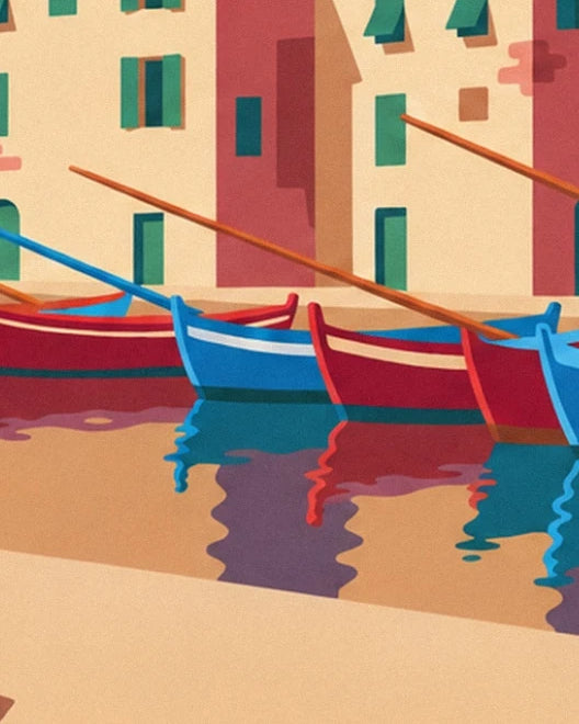 Red and blue rowing boats, their long oars and reflections in the water