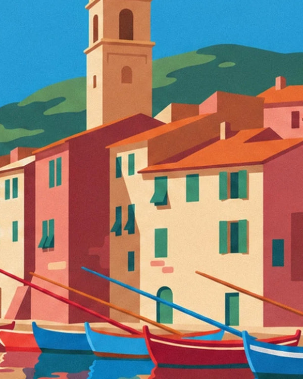 Yellow and pink façades with green shutters, the bell tower and colourful rowing boats