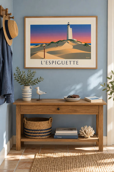 Poster mit Sonnenuntergang am Strand von l'Espiguette: gerahmt an der Wand
