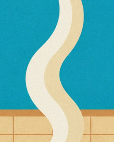The ribbon of cream steam against a turquoise blue background, above the tiles