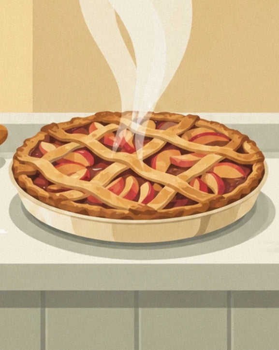 La tarte aux pommes fumante et ses croisillons dorés dans un plat crème