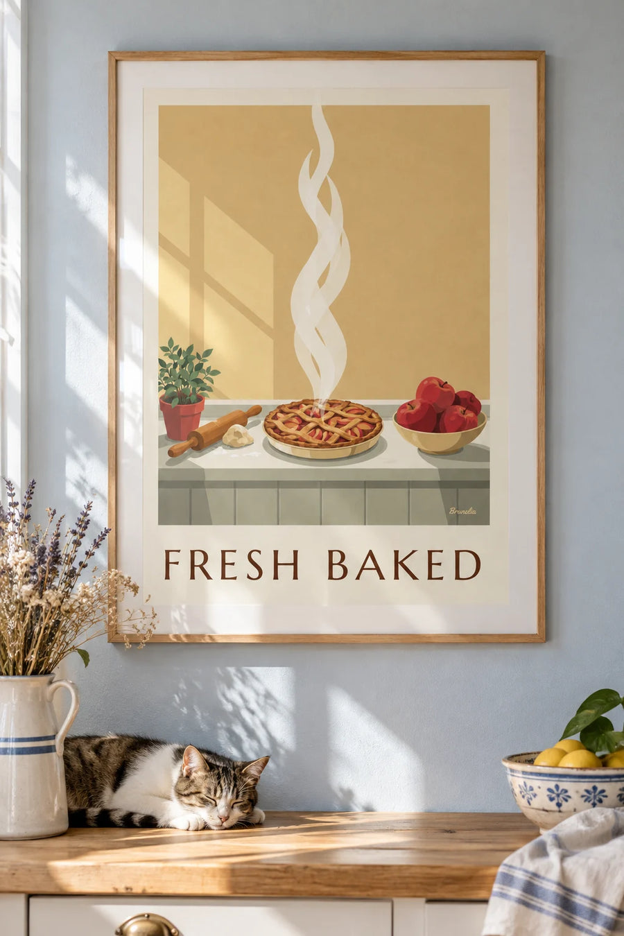 Affiche tarte aux pommes et rouleau à pâtisserie : encadrée au mur