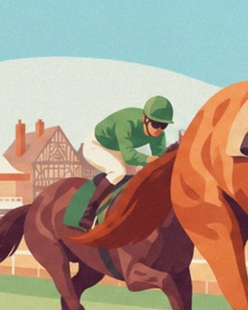 The jockey in green on a galloping horse, in front of the half-timbered houses