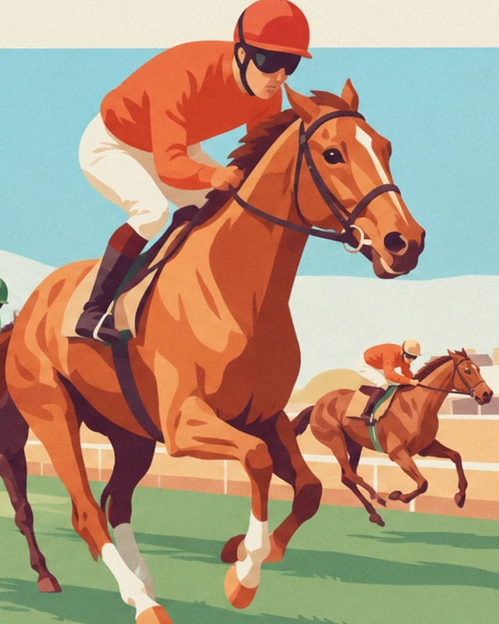 The jockey in orange silks on a chestnut horse, ahead of another rider