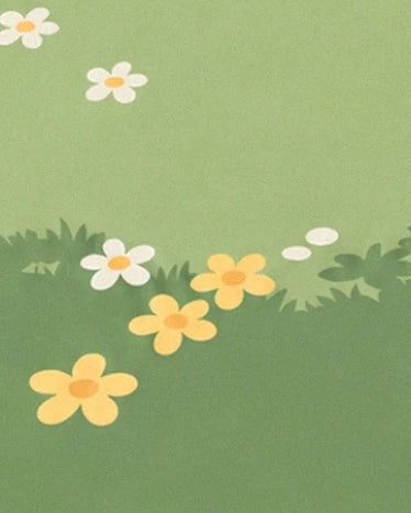 Weiße und gelbe Blumen, verstreut im Gras in verschiedenen Grüntönen