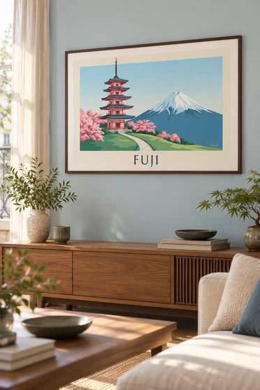 Poster Chureito-Pagode vor dem Fuji mit Kirschbäumen : gerahmt an der Wand