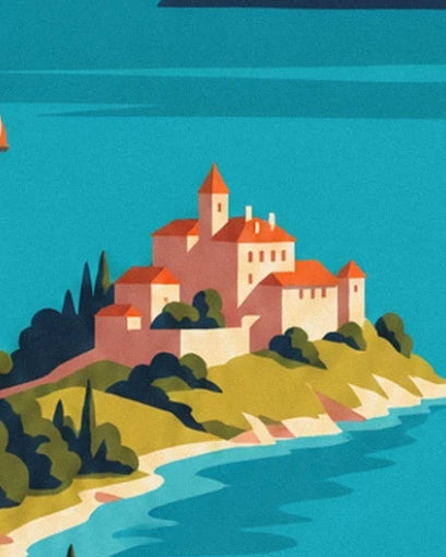 Das Schloss mit den roten Dächern auf seiner kleinen grünen Insel, umgeben von türkisfarbenem Wasser
