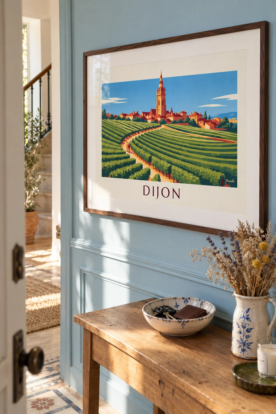 Poster of the vineyards and Palace of the Dukes of Dijon in Burgundy: framed on the wall