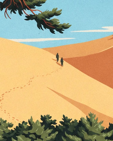Les 2 promeneurs sur la dune dorée du Pilat, avec leurs traces dans le sable