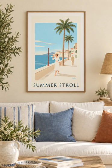 Affiche femme élégante en robe blanche et chapeau panama : encadrée au mur