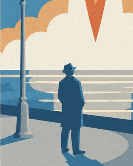A figure in a blue coat and hat near a street lamp, facing the sea