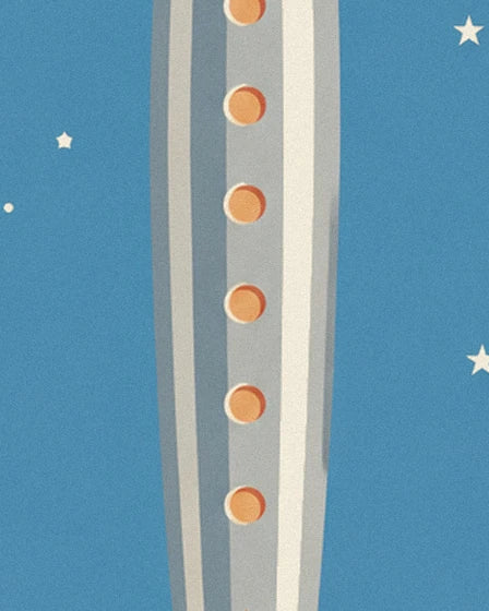 The silver body of the rocket and its orange portholes against a starry blue background