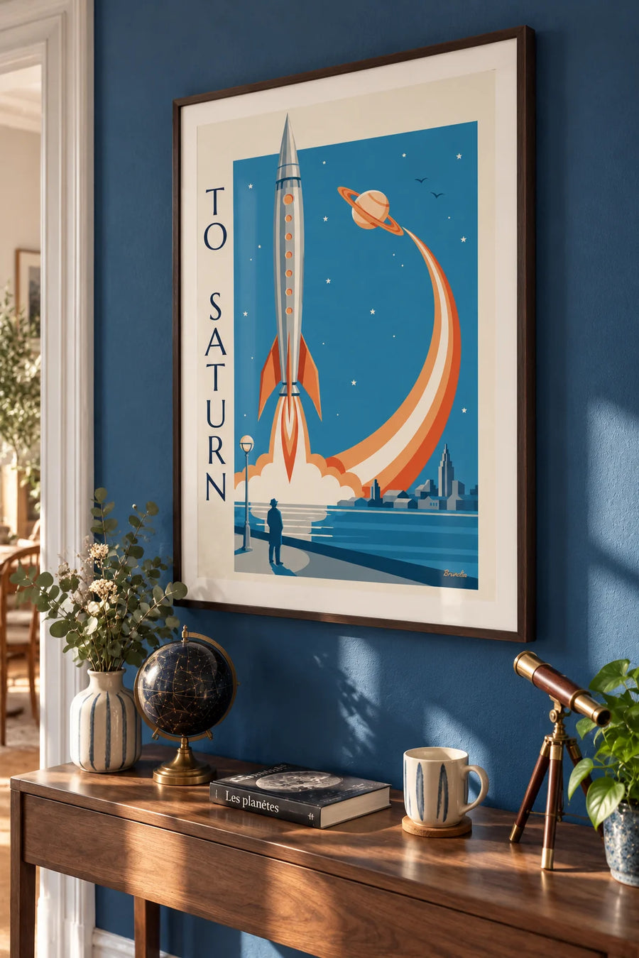 Silver rocket taking off toward Saturn from the seaside poster: framed on the wall