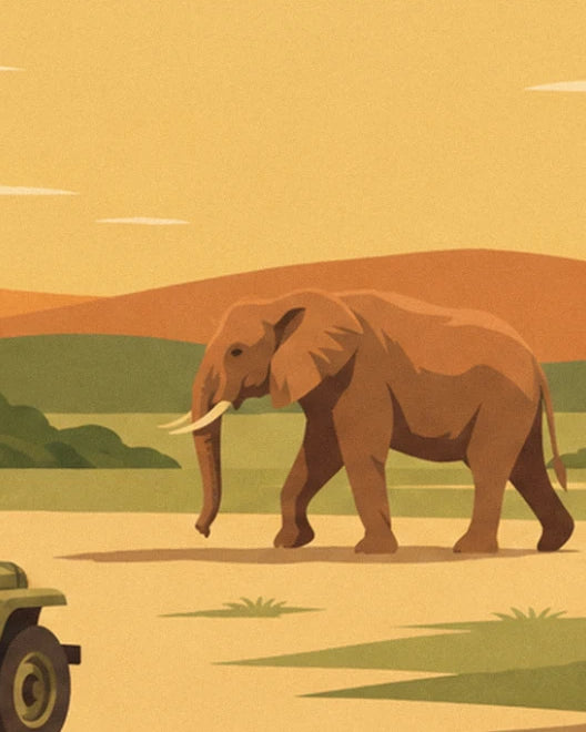 Der Elefant mit Elfenbeinstoßzähnen, der ruhig vor den ockerfarbenen Hügeln läuft