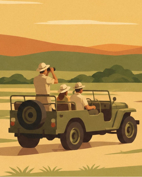 Die 3 Safari-Reisenden mit weißen Hüten in ihrem khakifarbenen Jeep, die ein Fernglas über die Savanne heben
