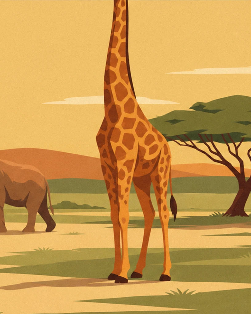 Die Giraffe mit orangefarbenen Flecken, die hoch vor der Akazie steht, mit 1 Elefanten weiter hinten