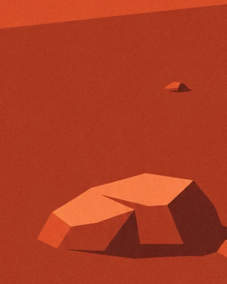 An angular rock with orange and dark red faces on the ground of Mars