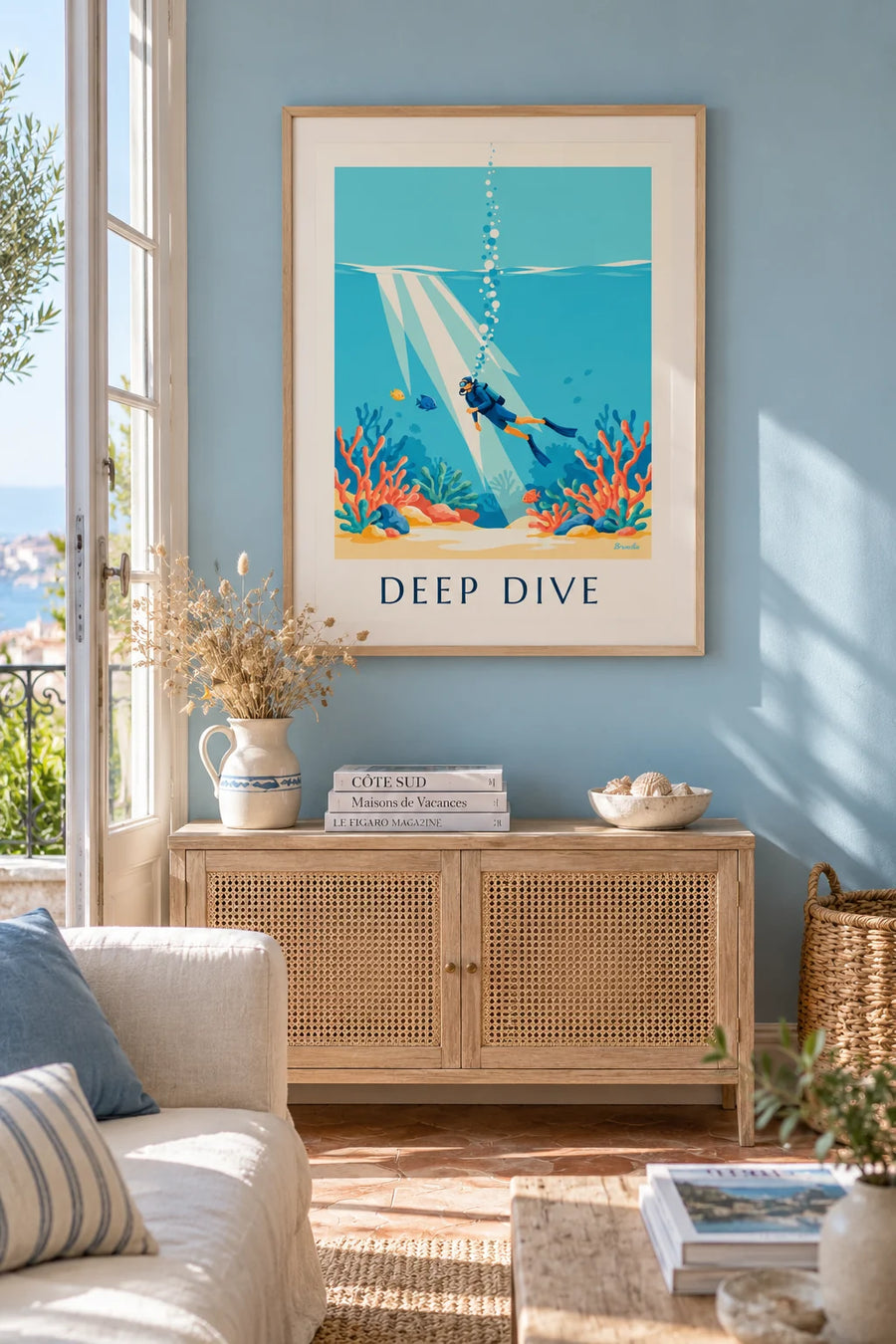 Affiche plongeur sous-marin parmi les coraux et poissons : encadrée au mur