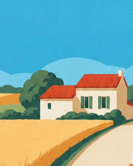 Ein Haus mit roten Dächern und grünen Fensterläden, zwischen einem goldenen Feld und einer Landstraße