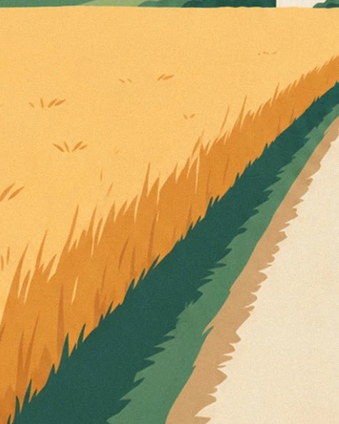 Das goldene Feld, gesäumt von grünem Gras entlang der Landstraße
