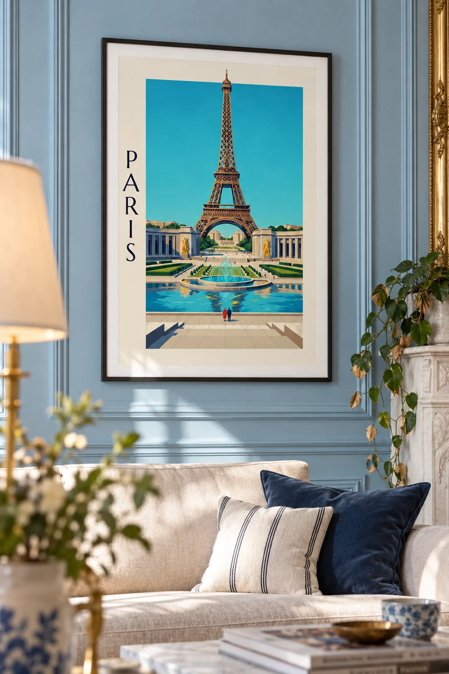 Poster Palais de Chaillot und Brunnen des Trocadéro in Paris: gerahmt an der Wand
