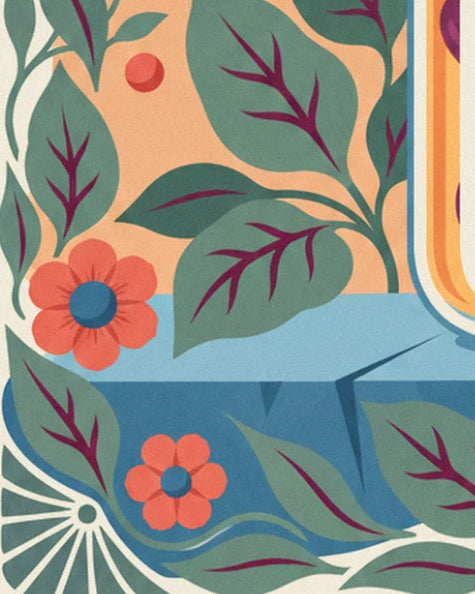 Coral-red flowers with blue centres among the leaves, at the base of the jar on a blue table