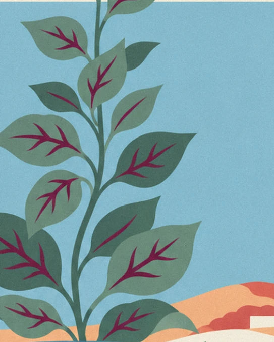 A branch of green leaves with burgundy veins, rising against a pale blue sky