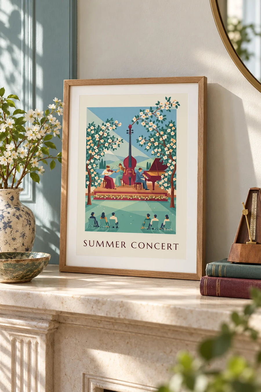 Poster klassisches Musiktrio beim Sommerkonzert unter freiem Himmel: kleines Format A4 im Rahmen