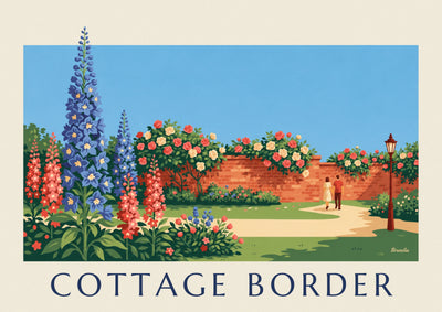 Affiche massif de delphiniums bleus dans un jardin anglais : l'affiche entière
