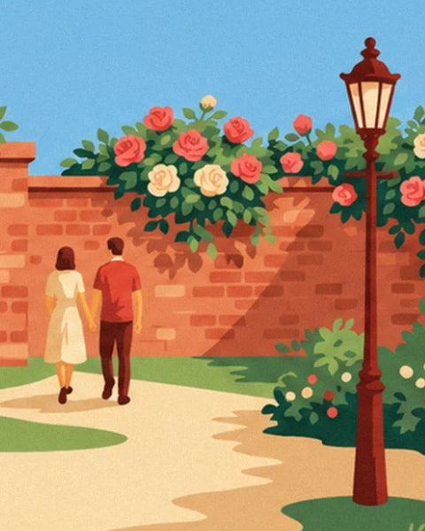The couple strolling hand in hand along the brick wall, near the red street lamp