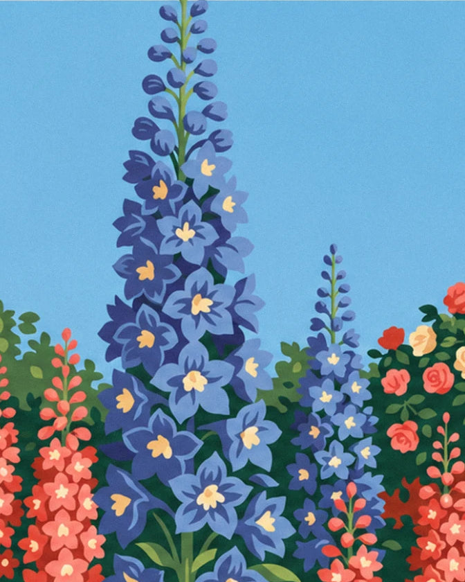 A tall blue delphinium with cream centres, surrounded by pink delphiniums