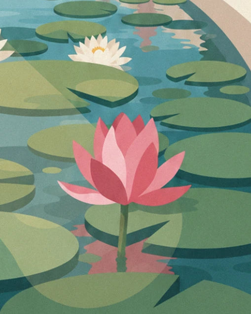 Eine sich öffnende rosa Lotusknospe und eine weiße Seerose zwischen den breiten grünen Blättern des Teichs