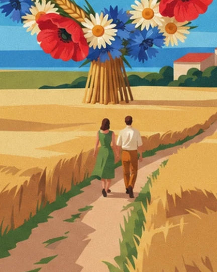 Le couple qui marche main dans la main sur le sentier, entre les blés dorés