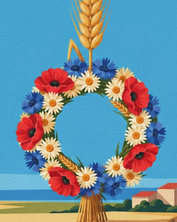 La couronne de coquelicots, marguerites et bleuets, nouée à sa gerbe de blé