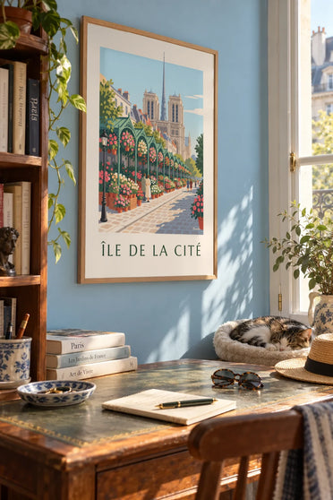 Poster Blumenmarkt auf der Île de la Cité und Notre-Dame: gerahmt an der Wand