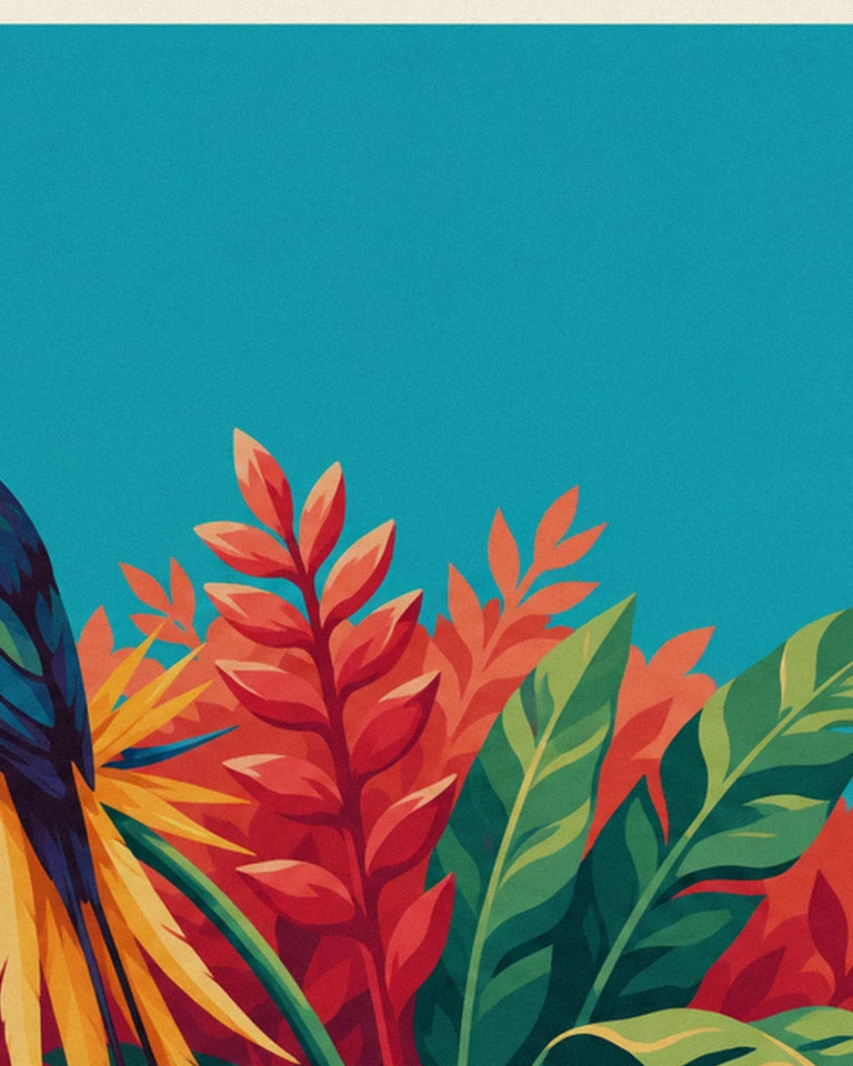 Poster Paradiesvogel zwischen tropischen Blumen: Detail in Nahaufnahme