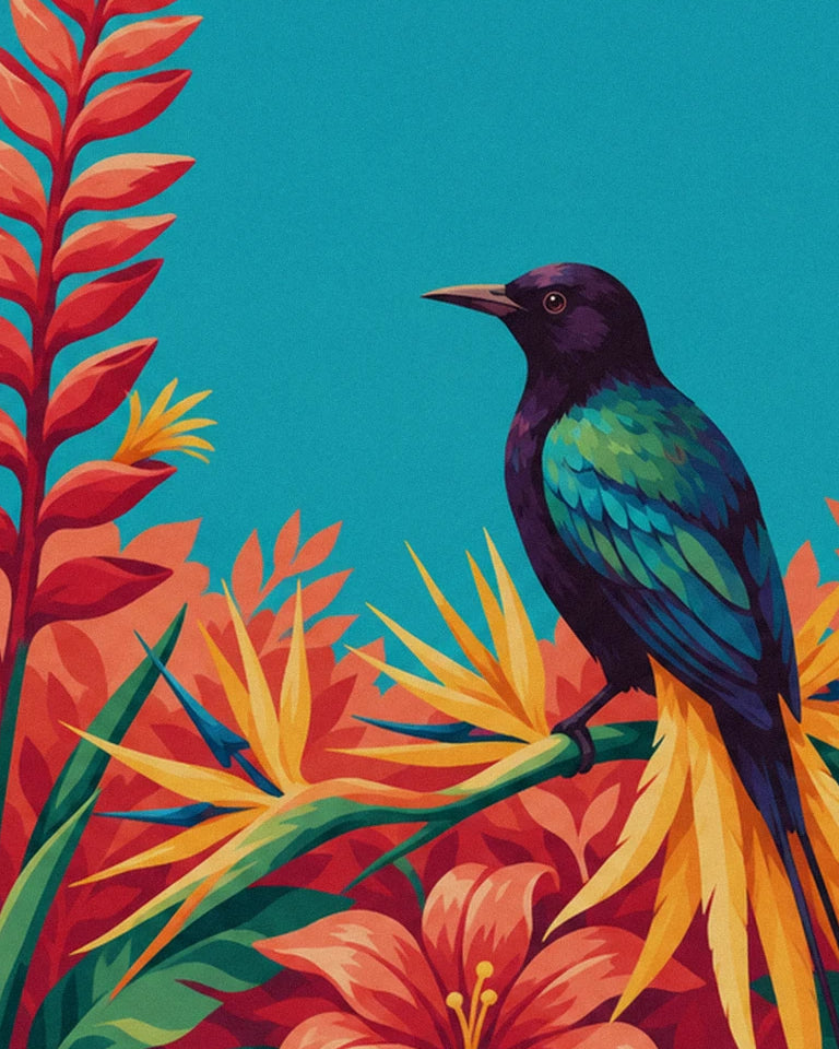 Poster Paradiesvogel zwischen tropischen Blumen: Detail in Nahaufnahme