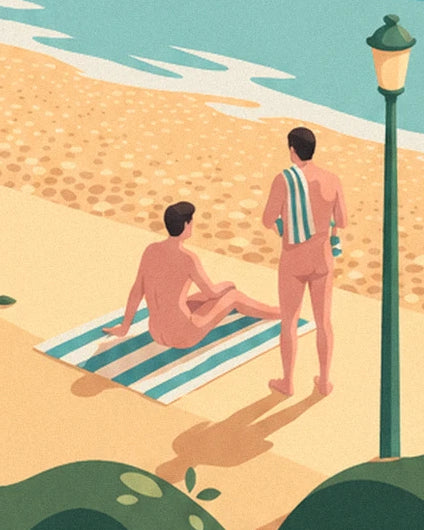 The 2 bathers near a striped towel at the foot of the green street lamp