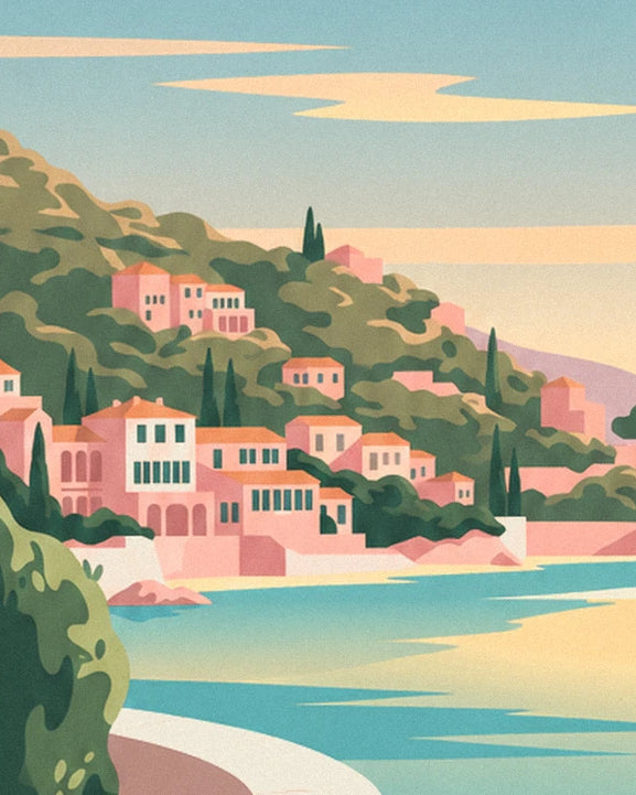 The pink villas of Beaulieu-sur-Mer between the cypresses and turquoise water