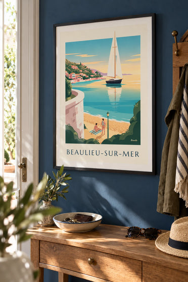 Poster of Baie des Fourmis in Beaulieu-sur-Mer at sunset: framed on a wall